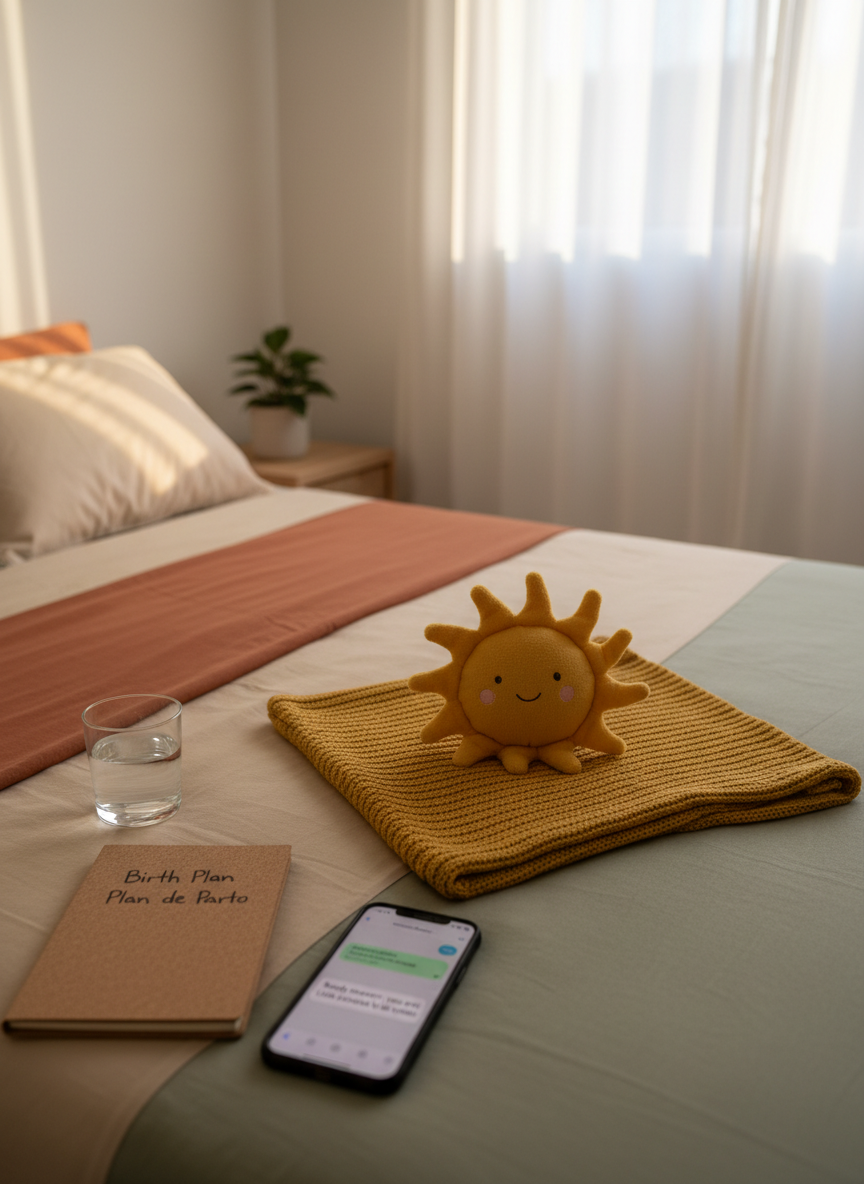 A neatly made bed features soft, sun-warmed cotton sheets in muted earth tones, with a folded mustard-yellow baby blanket placed carefully at the center and a small plush sun toy resting on top. On the bedside table, a glass of water, a notebook labeled “Birth Plan / Plan de Parto,” and a phone with an open text message screen are arranged in an orderly way. Gentle late-afternoon natural light filters through sheer white curtains, casting calm, elongated shadows and a golden glow across the scene. Photographic realism, eye-level composition with a slight angle, shallow depth of field, and a serene, professional mood that suggests support, safety, and bilingual doula care without showing any people.