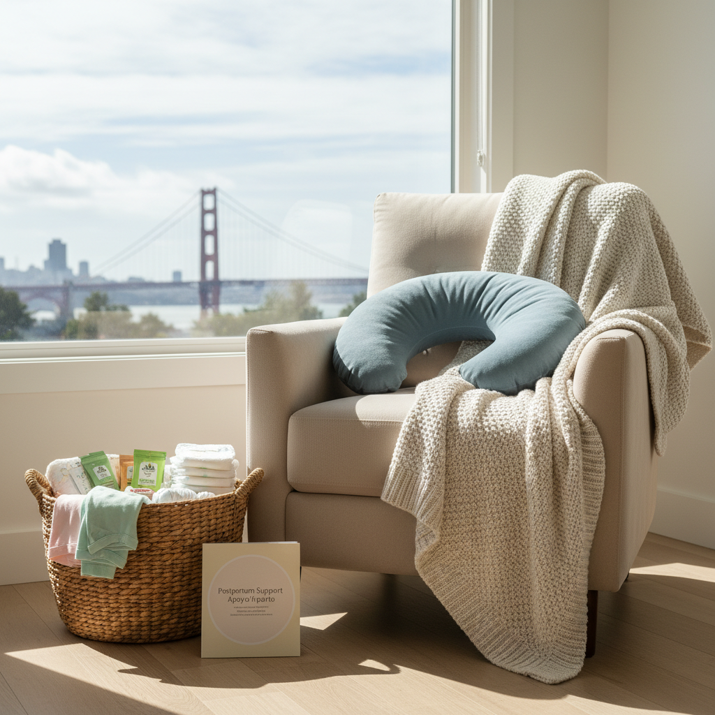 A bright, organized living room in the Bay Area shows a cozy corner prepared for postpartum rest: a comfortable armchair draped with a soft cream throw, a nursing pillow resting neatly on the seat, and a woven basket nearby filled with folded baby clothes, diapers, herbal tea packets, and a small booklet titled “Postpartum Support / Apoyo Postparto.” Through a window, distant, softly blurred hints of the Golden Gate Bridge skyline establish location. Morning light floods the room, creating clear, natural highlights and gentle shadows. Photographic realism, wide-angle, clean and modern aesthetic, with a calm, reassuring atmosphere that communicates professional, bilingual doula services and home-based care without any human figures.