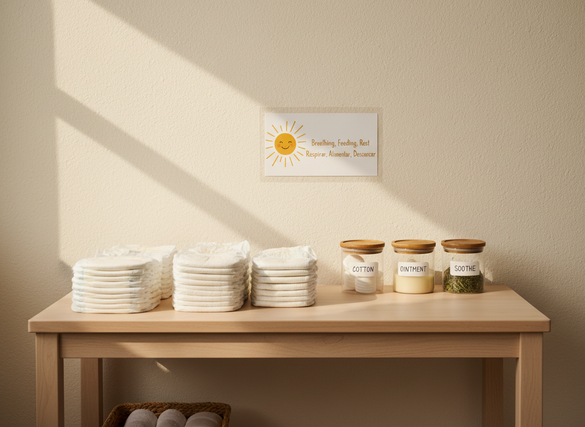 A tidy baby changing station is arranged against a light-colored wall, featuring neatly stacked cloth and disposable diapers, a row of labeled glass jars with cotton pads and soothing ointments, and a bilingual laminated card taped to the wall that reads “Breathing, Feeding, Rest / Respirar, Alimentar, Descansar” in friendly typography. A soft golden soleil sun illustration decorates the card, echoing the brand. Warm, diffused afternoon light from a nearby window highlights textures of natural wood and soft fabrics, casting gentle, reassuring shadows. Photographic realism, front-facing composition with moderate depth of field, minimalist aesthetic, and a nurturing, professional atmosphere that hints at structured postpartum guidance and education without depicting any people.