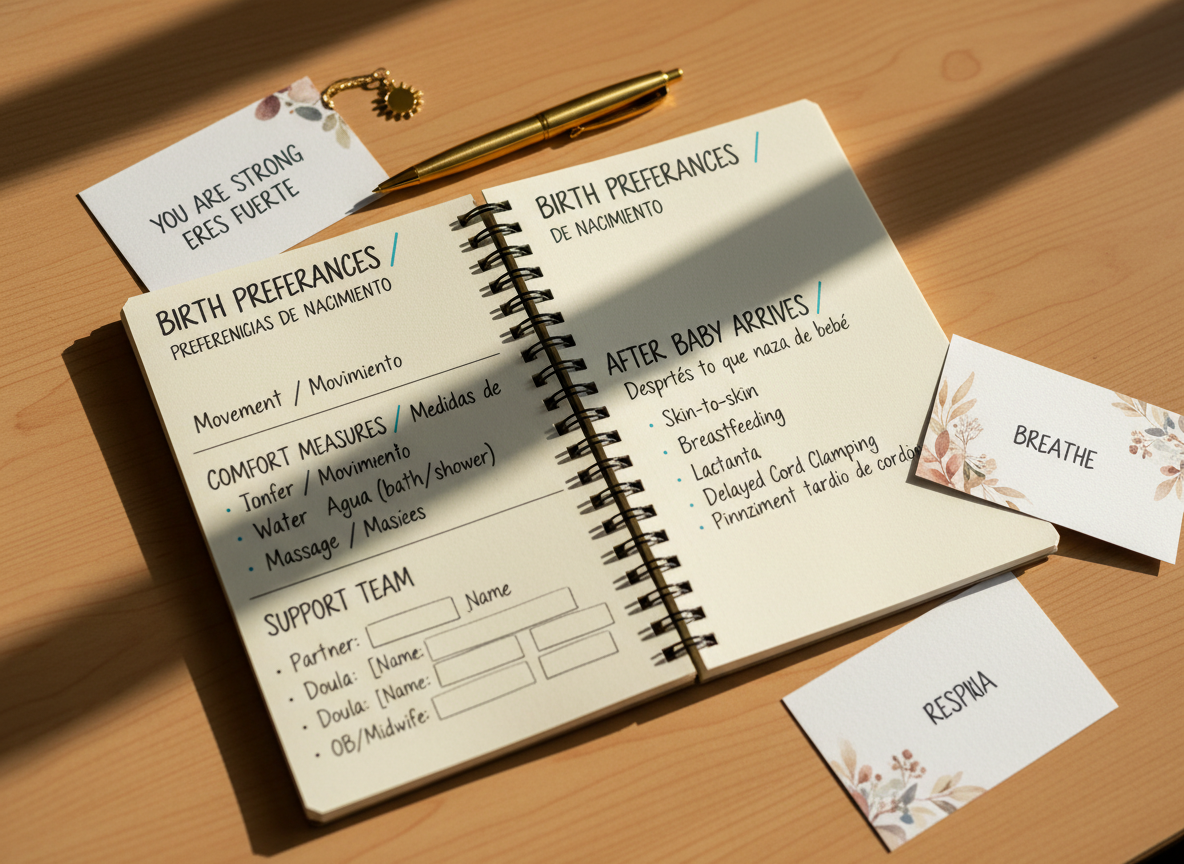 A close-up overhead view of a spiral-bound notebook open on a smooth wooden table shows a detailed birth preferences page with neatly written headings like “Comfort Measures / Medidas de Comodidad,” “Support Team,” and “After Baby Arrives / Después de que nazca el bebé.” Around the notebook are bilingual affirmation cards with short, encouraging phrases in English and Spanish, a pen, and a small, golden sun-shaped charm. Natural window light from the side creates soft highlights on the paper and gentle shadows from the cards, adding depth. Photographic realism, shallow depth of field focusing on the text, with a warm, hopeful, and empowering mood suitable for professional doula planning resources in a bilingual Bay Area context.