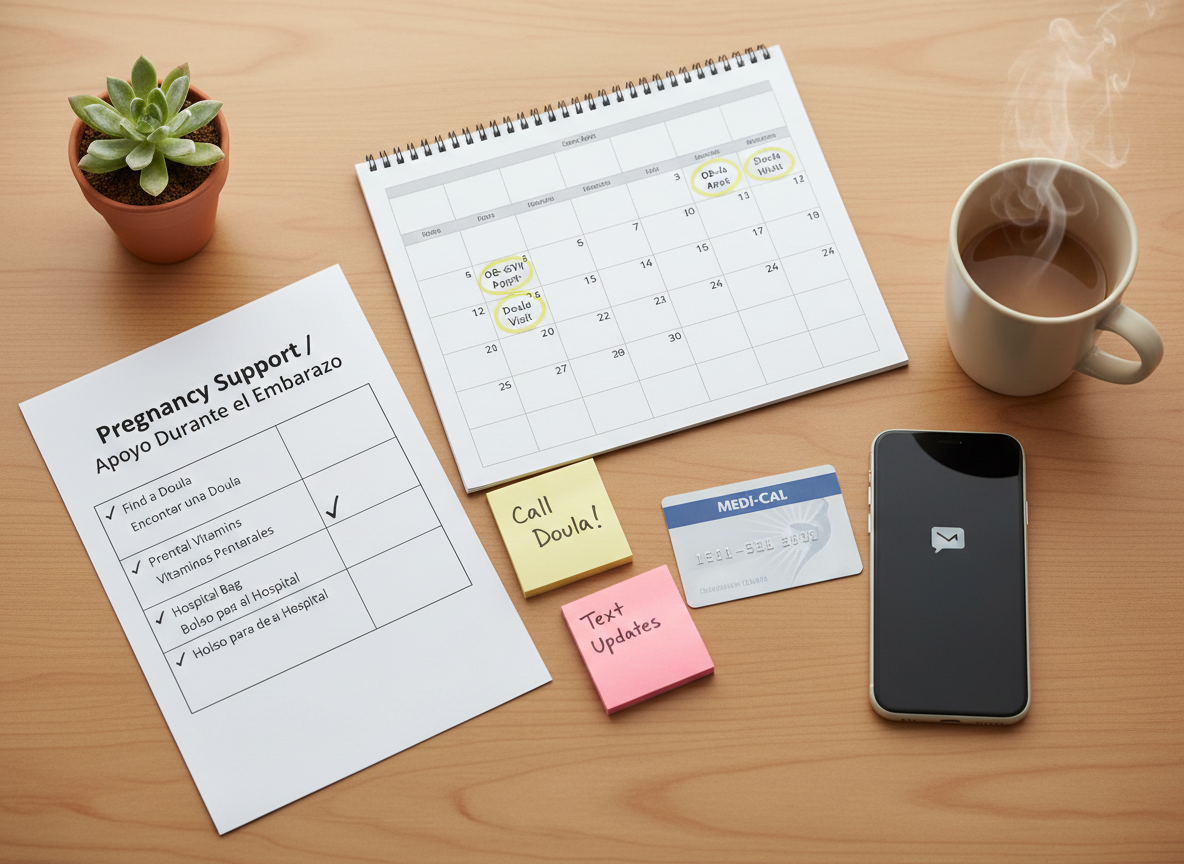 A well-organized wooden desk displays essential prenatal planning materials: a printed calendar with highlighted prenatal appointment dates, a bilingual checklist titled “Pregnancy Support / Apoyo Durante el Embarazo,” color-coded sticky notes, and a Medi-Cal card placed neatly beside a smartphone showing an incoming text notification icon. A small potted plant and a warm ceramic mug add comfort. Soft overhead lighting combined with diffused daylight from an unseen window creates even, flattering illumination with minimal shadows. Photographic realism, shot from a slightly elevated angle for clarity, with a clean, professional, and approachable mood that emphasizes accessible, free doula care through Medi-Cal and easy text-based communication.