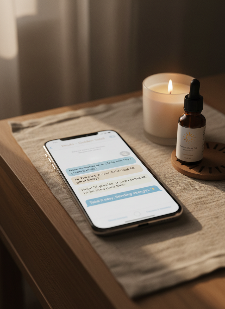A clean, modern smartphone rests on a light linen cloth atop a wooden nightstand, its screen clearly displaying a text conversation with a contact named “Doula – Golden Soleil.” Short, supportive bilingual messages in English and Spanish appear in neat chat bubbles, with a calm, muted color palette that feels professional and approachable. Next to the phone sits a small candle in a frosted glass holder, an amber bottle of herbal oil, and a simple sun-shaped coaster. Dim, warm evening light and a subtle glow from the phone screen create soft reflections and gentle shadows. Photographic realism, close-up composition, low-angle macro style, with an intimate, comforting mood that emphasizes easy, text-based access to doula support.