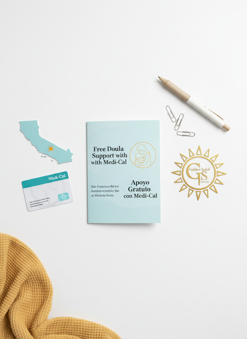 A flat lay composition on a crisp white background showcases educational materials related to Medi-Cal-covered doula services in the Bay Area. Visible are a bilingual brochure titled “Free Doula Support with Medi-Cal / Apoyo Gratuito con Medi-Cal,” a stylized map outline of the Bay Area, a Medi-Cal benefits card, and a simple golden sun logo for Golden Soleil Doula. Accents include a neutral-toned pen, paper clips, and a soft fabric swatch in warm yellow. Bright, diffused studio lighting eliminates harsh shadows, creating a clean, trustworthy, and professional look. Photographic realism, sharp focus throughout, with a modern, informative atmosphere ideal for explaining coverage and location of services without portraying any people.