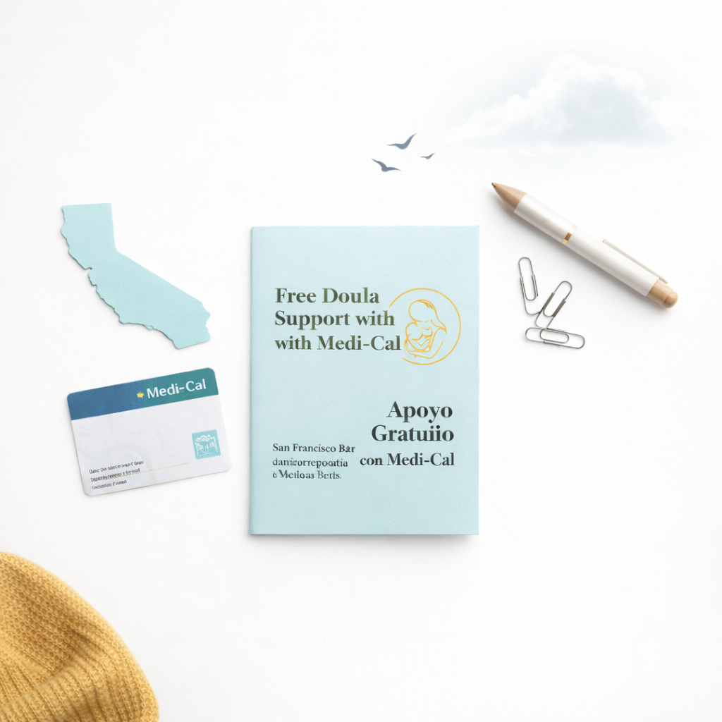 A flat lay composition on a crisp white background showcases educational materials related to Medi-Cal-covered doula services in the Bay Area. Visible are a bilingual brochure titled “Free Doula Support with Medi-Cal / Apoyo Gratuito con Medi-Cal,” a stylized map outline of the Bay Area, a Medi-Cal benefits card, and a simple golden sun logo for Golden Soleil Doula. Accents include a neutral-toned pen, paper clips, and a soft fabric swatch in warm yellow. Bright, diffused studio lighting eliminates harsh shadows, creating a clean, trustworthy, and professional look. Photographic realism, sharp focus throughout, with a modern, informative atmosphere ideal for explaining coverage and location of services without portraying any people.