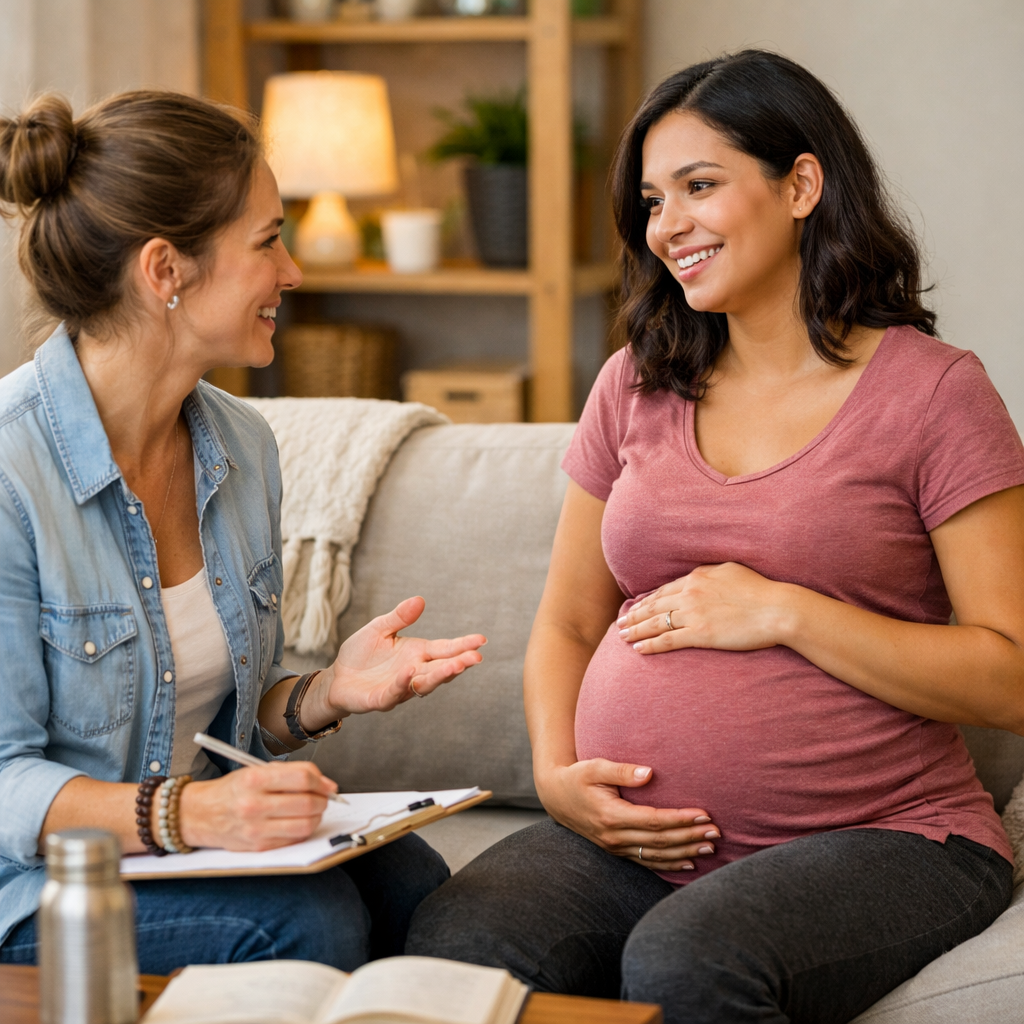 Pregnant woman smiling and holding belly during consultation with healthcare professional taking notes