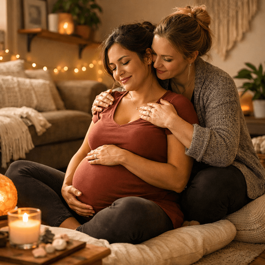 Pregnant woman sitting with partner lovingly embracing her from behind.