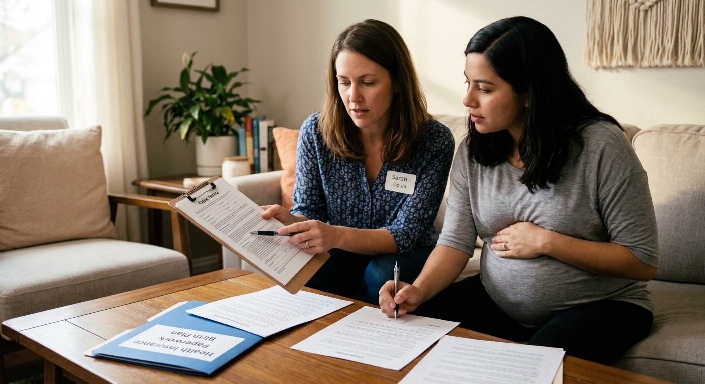 Doula showing and explaining birth plan documents to pregnant woman