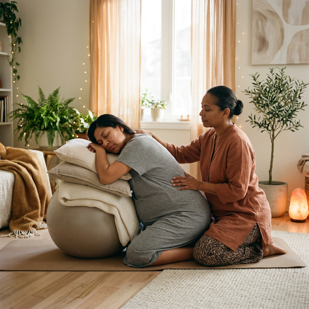 Pregnant woman leaning on pillows and exercise ball with another woman providing gentle support