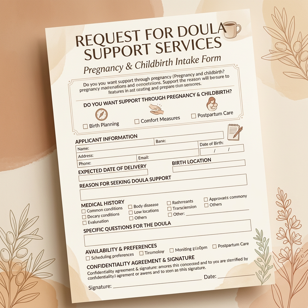 Request for doula support services pregnancy and childbirth intake form with applicant details and medical history sections