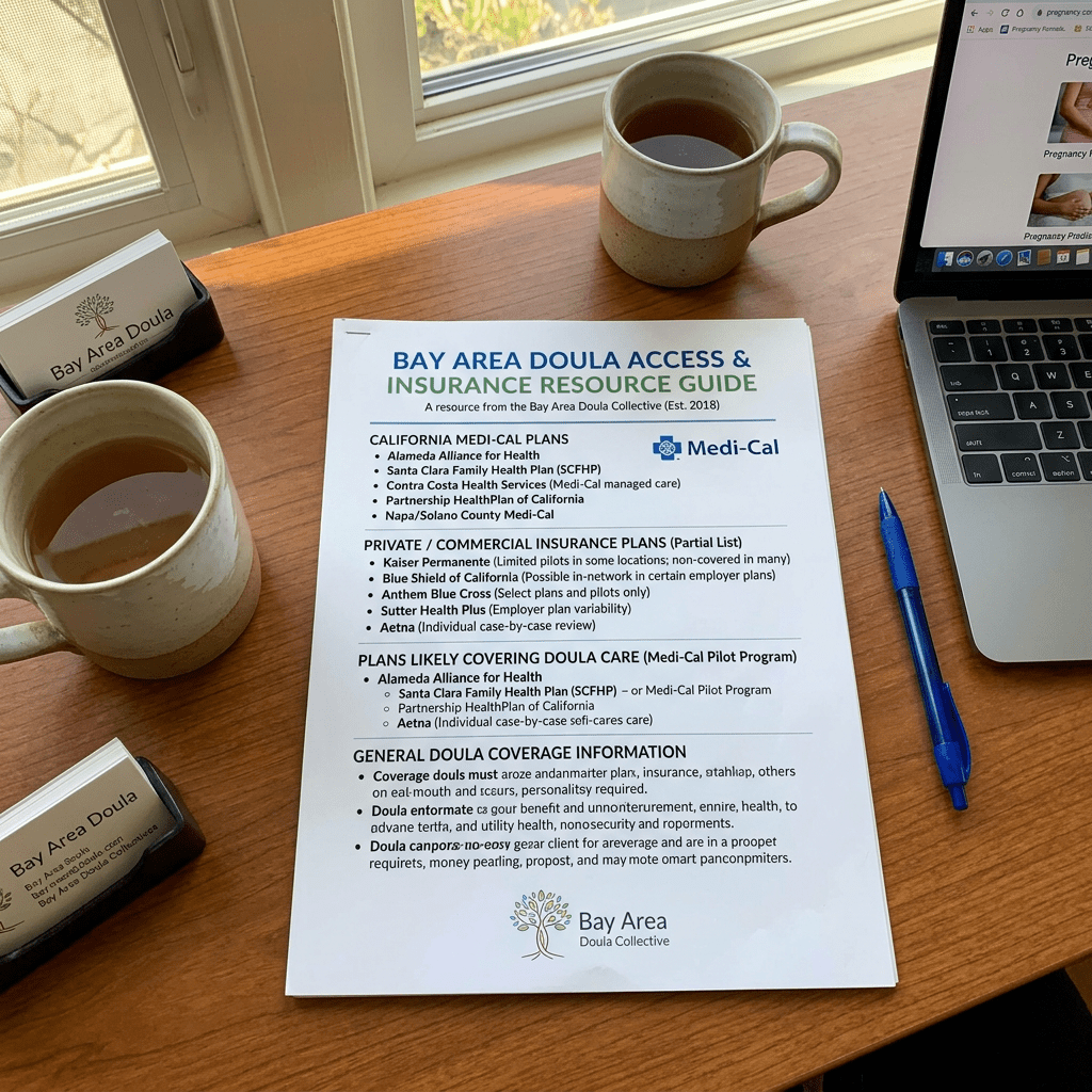 Bay Area Doula Access and Insurance Resource Guide document beside coffee cups and laptop